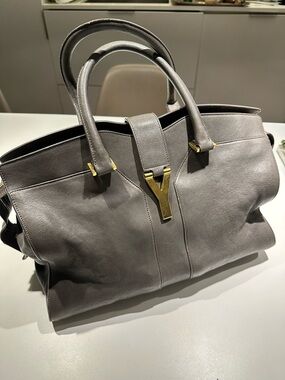 Yves Saint Laurent Gray Leather Satchel with Gold Y Hardware